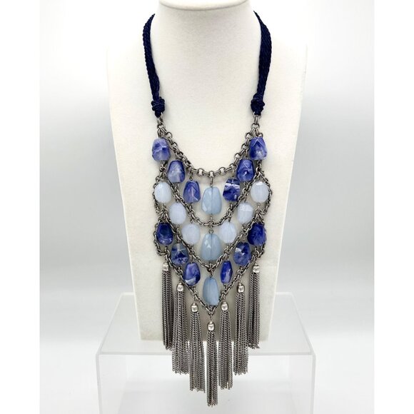CHICO'S STATEMENT BLUE STONE SILVER CHAIN TASSEL BIB NECKLACE W/ BRAIDED CORD - Picture 1 of 5